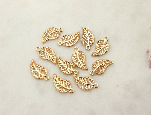 Gold Charms Leaf Charm Gold Plated Hollow Charm, 14mm x 8mm, sold as 5 pieces dainty gold leaf charms trendy charms